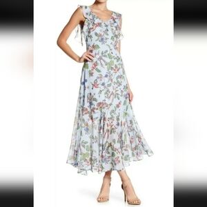 Nanette Lepore  hummingbirds and Floral print chiffon Maxi  ruffle sleeves dress